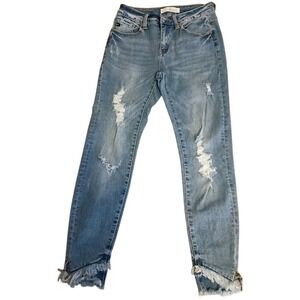 Kancan Signature 5/26 Mid Rise Ankle‎ Skinny Jeans Blue Denim Hem Distress #143C
